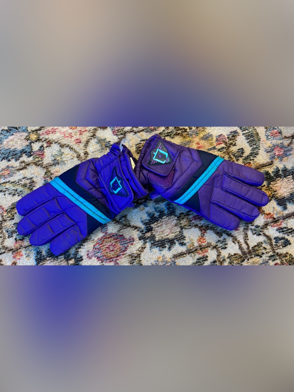 Vintage 80s 90s Wells Lamont Retro Ski Gloves Purple Neon Blue Colorblock - Wome